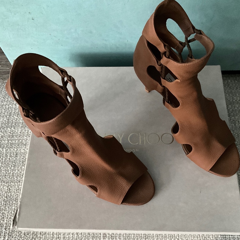 Jimmy Choo Lucky 85 Cognac Cage Sandals Size 39